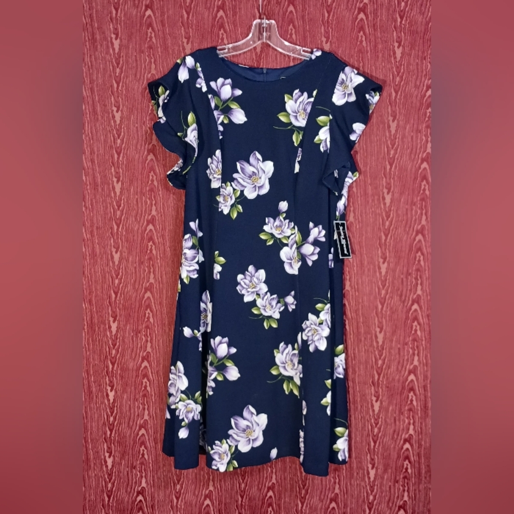 JESSICA HOWARD Navy Blue Floral Zip Short Sleeve Dress Women Sz 14W - Picture 12 of 12